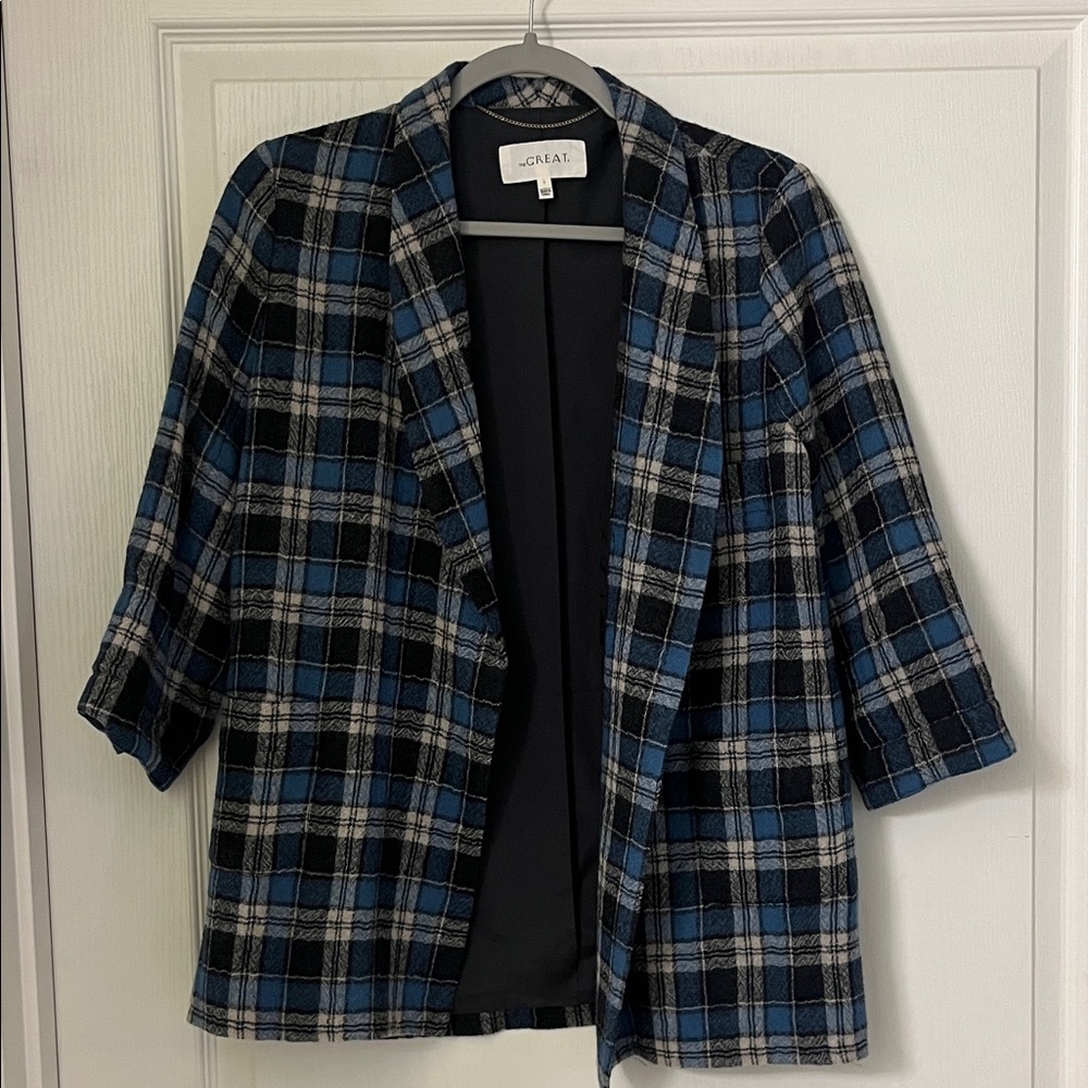 THE GREAT. Blue and Black Plaid Blazer
